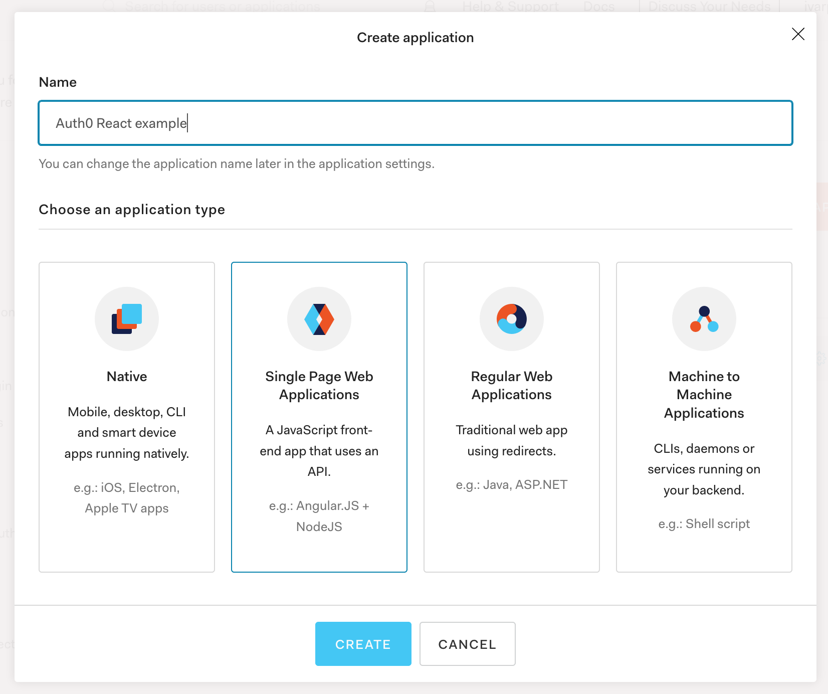 auth0 create application dialog